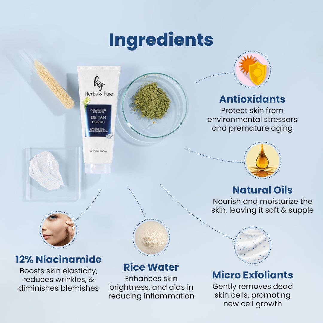 De tan Scrub with 12% Niacinamide and Rice Water - herbs&purecom